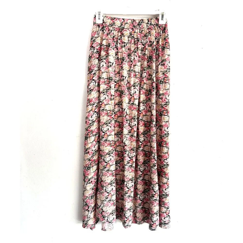 Ferruccio maxi skirt VTG button up ruched pink cottage floral casual women S